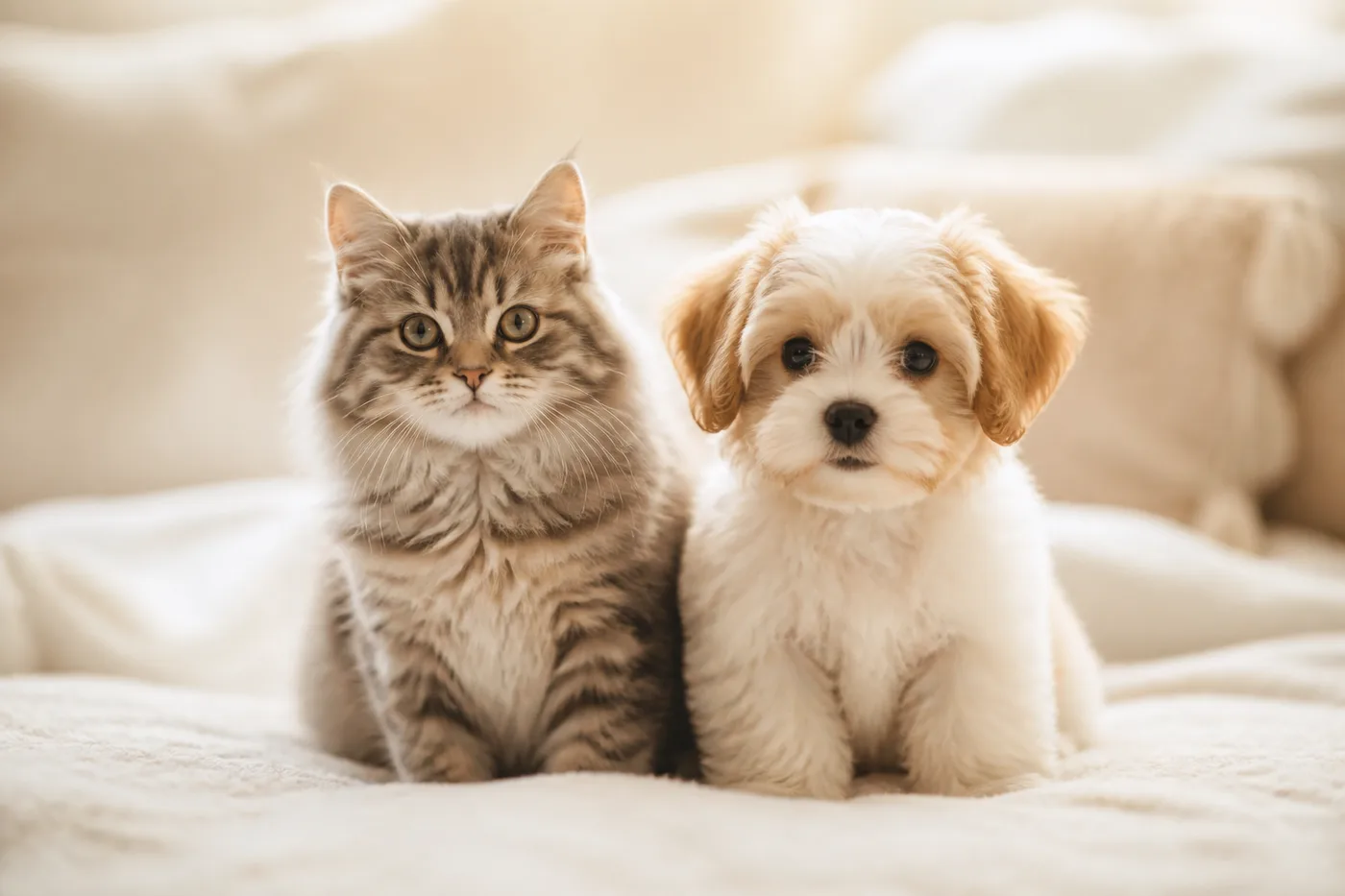 Un gato y un cachorro juntos, listos para empezar su historia en Amipet